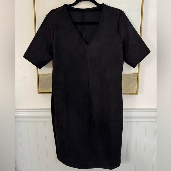 SPANX Black Faux Micro Suede Midi Column Dress Short Sleeve Size Medium - Picture 2 of 5